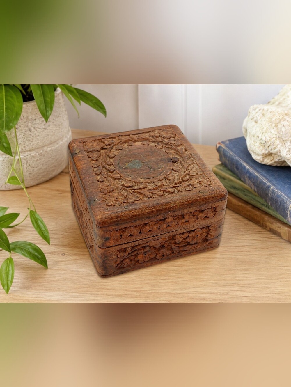 Vintage Hand Carved Wooden Trinket Jewelry Box Floral Folk Art Keepsake Storage